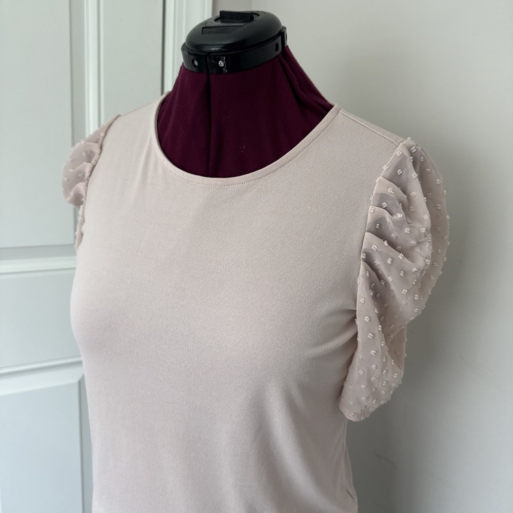 Adrianna Papell Swiss Dots Puff Sleeve Blouse Womens S Pink Blush Nude